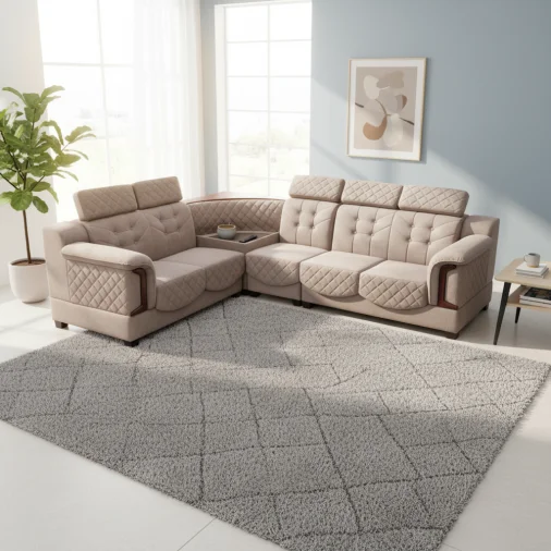 Camel Corner Sofa W.S 2+2+1+c 5 Seater L Shape Sofa - Upholester Pine Wood, Beige