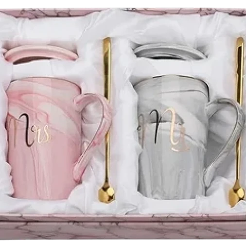 NYRWANA Coffee Mug, Couple Present, Wedding Present for Couples, Marriage Presents for Wedding, Valentine Gift, Mr & Mrs Set of 2 Coffee Mugs, Lids, Golden Spoon & Beautiful Gift Box (380ml-Ceramic)