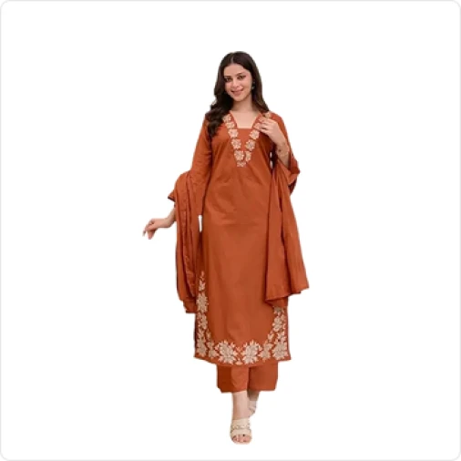 ANNI Designer Pure Cotton Embroidered Kurta Set for Women | Rust Orange Kurta with Pants & Dupatta | Floral Neck & Hem Embroidery | Cotton Kurta Set for Women | 10 Colour Options Available