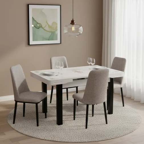 Dining Table 6889 Rectangular Dining Table Set - Rubberwood, Cream and Black Colour
