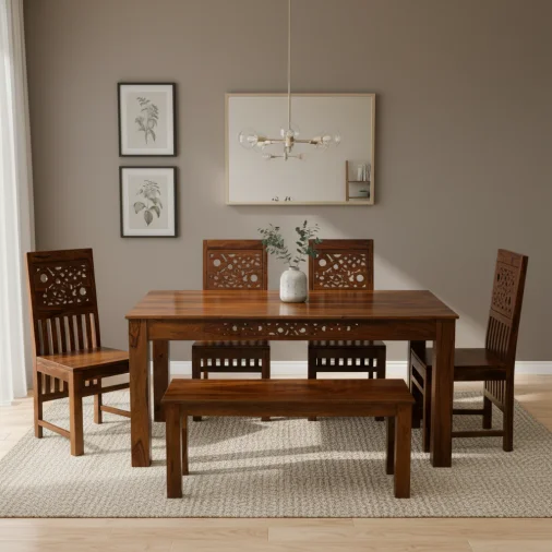 Jazz Table Rectangular Dining Table Set - Sheesham Wood, Teak Color (Model 202569)