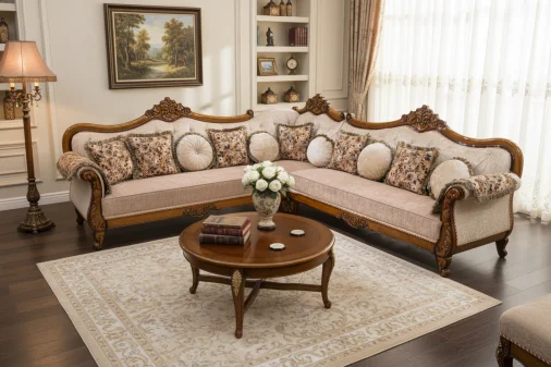 Lotus Corner Set (3+longie) 5-Seater L Shape Sofa - Upholstered with Pine Wood, Teak Wood, Beige