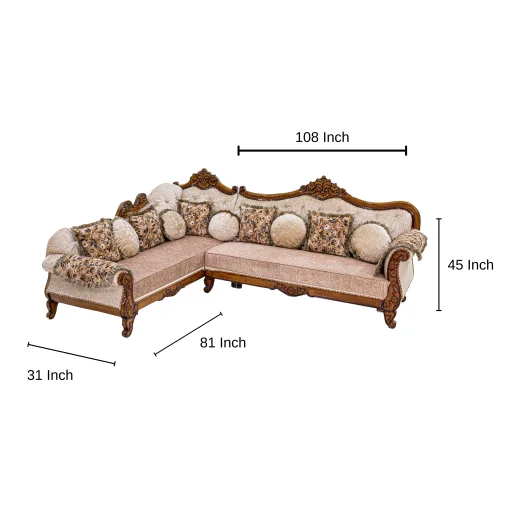 Lotus Corner Set (3+longie) 5-Seater L Shape Sofa - Upholstered with Pine Wood, Teak Wood, Beige