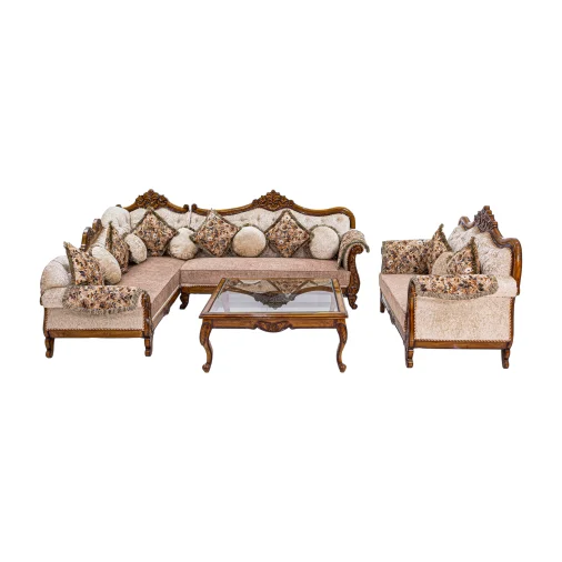 Lotus Corner Set (3+longie) 5-Seater L Shape Sofa - Upholstered with Pine Wood, Teak Wood, Beige